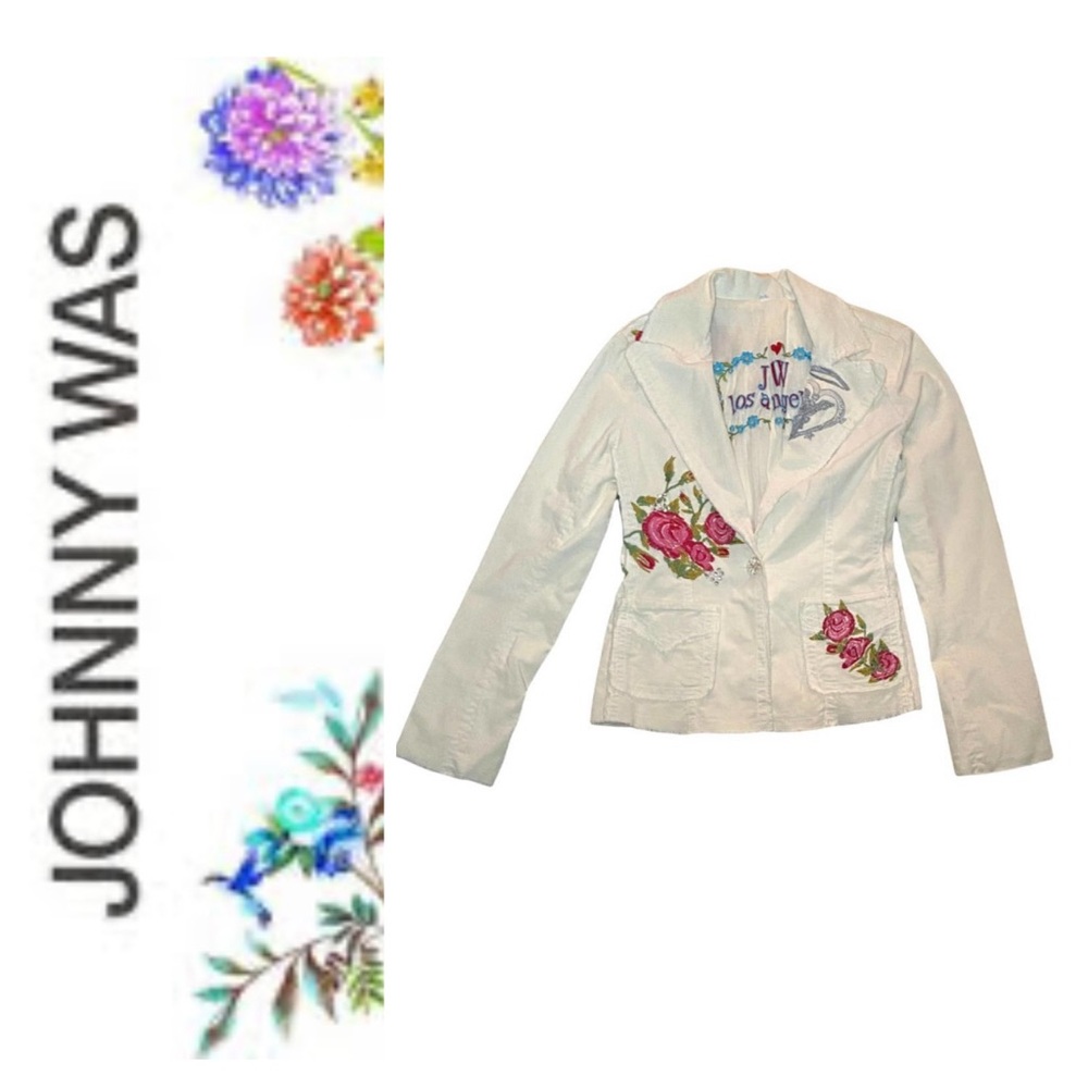 Johnny Was white corduroy blazer with embroidered floral accents + angel stamp